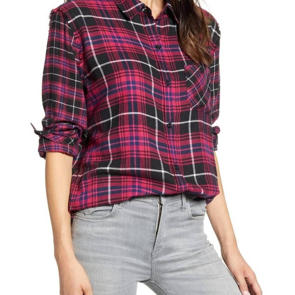 RAILS Brock Fuchsia Plaid Raw Edge Fringe Soft Flannel Button up Shirt NEW!